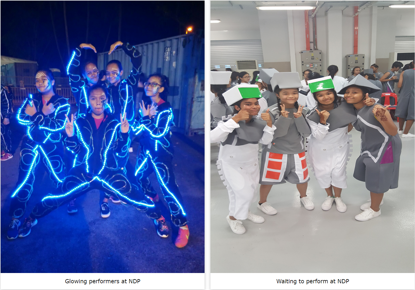 Children in glowing LED costumes pose at night; others wear gray and white costumes with box hats indoors.