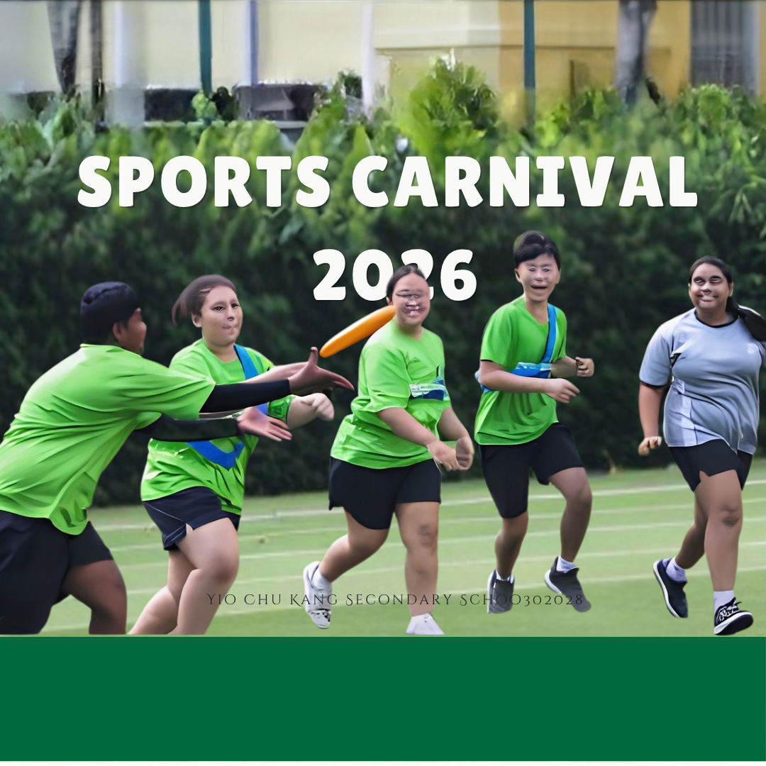 Event banner for Yio Chu Kang Secondary School Sports Carnival 2026 featuring students playing Ultimate Frisbee on an outdoor field.