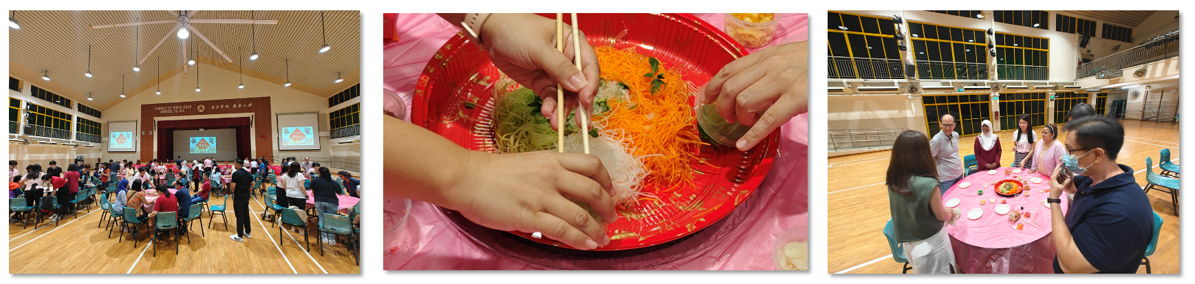 Three photos of a communal hall event where people toss a colorful salad dish using chopsticks at round tables.