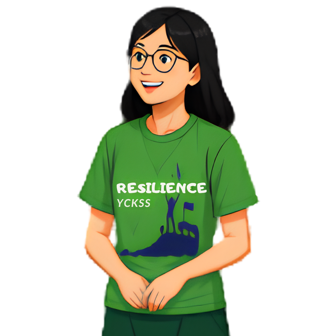 Digital illustration of a female student with glasses and long dark hair, wearing a green t-shirt with the text "RESILIENCE" and a mountain peak graphic against a plain white background.