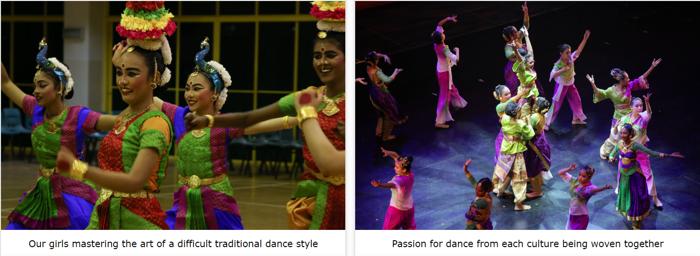 Girls in colorful traditional costumes perform Indian classical dance; a multicultural group dances on a stage.