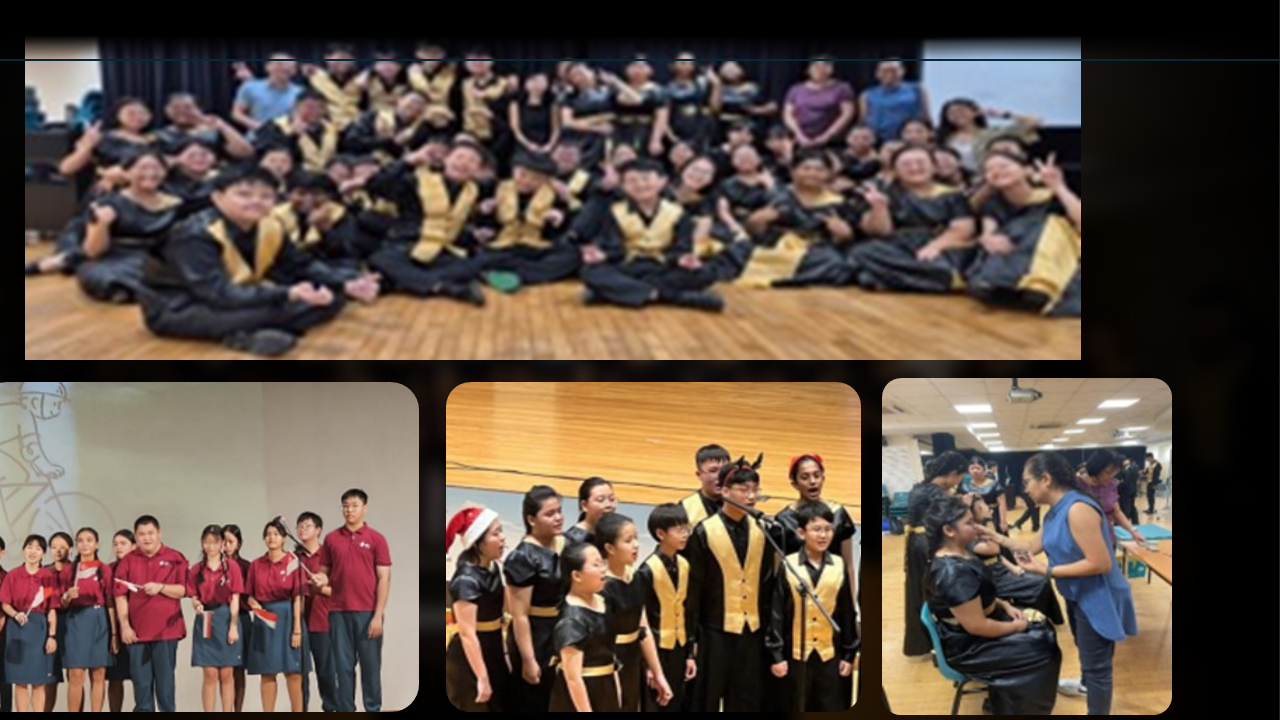 Four photos showing choir members during holiday performances, National Day events, backstage makeup sessions, and candid group posing in black and gold costumes.