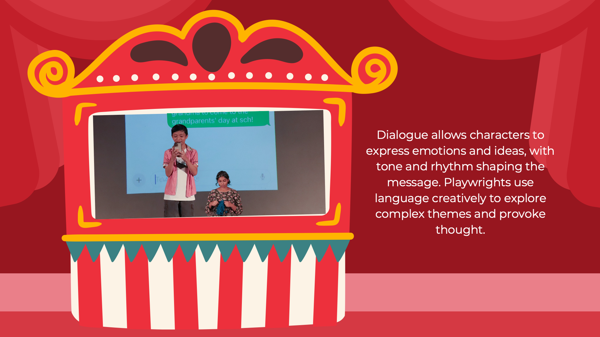 Slide explaining the role of dialogue in drama, featuring a stage performance framed inside a puppet theater graphic.