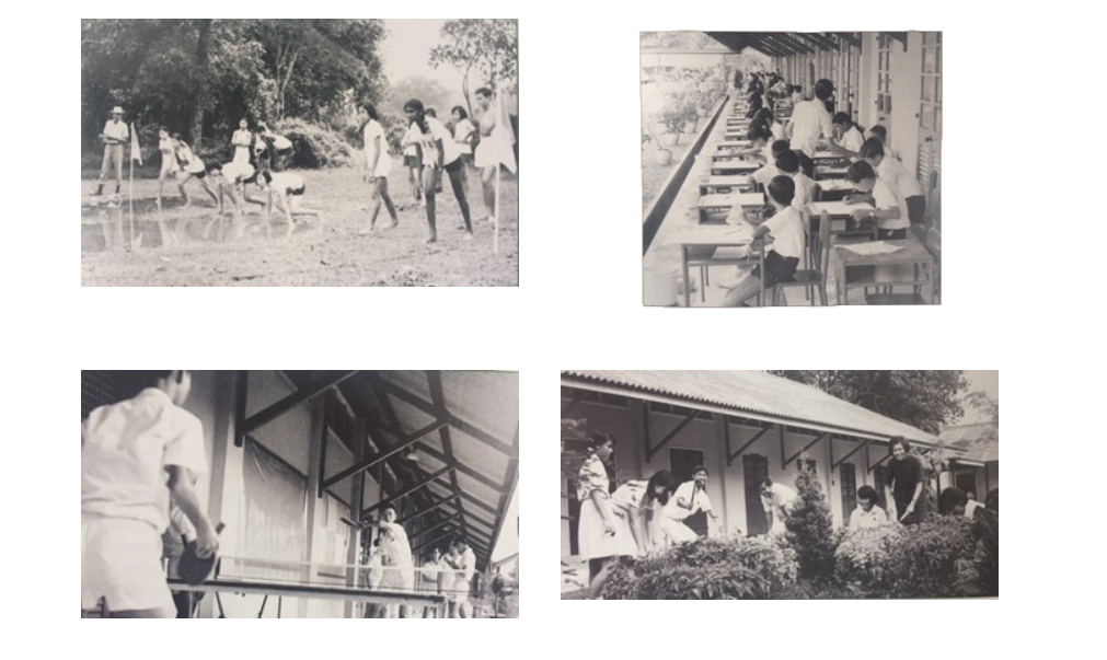 Four vintage black and white photos showing students outdoors, studying at desks, on a building balcony, and near a low building.