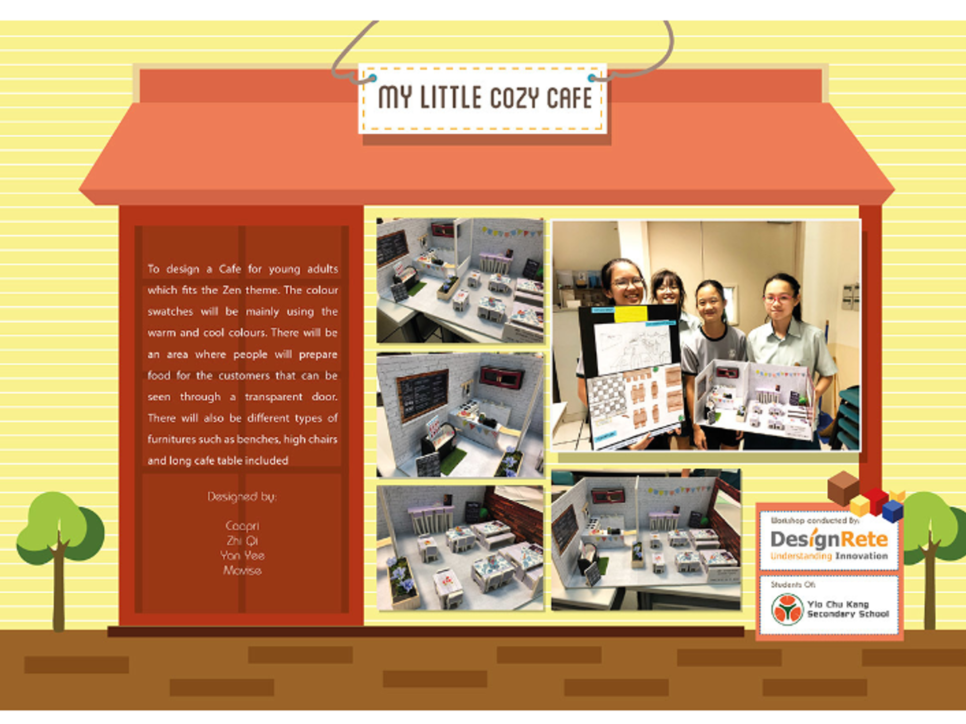 A presentation slide framed like an orange store building facade with a hanging sign titled "MY LITTLE COZY CAFE". The left panel outlines a Zen-themed cafe concept for young adults, using warm and cool colors, featuring a transparent kitchen view door, cafe benches, high chairs, and long dining tables. Designed by students Coopri, Zhi Qi, Yan Yee, and Movise, the slide displays multiple interior angle photos of the 3D scale model with brick walls, menu boards, and checkered table settings, alongside a photo of four female students presenting their project board and model.