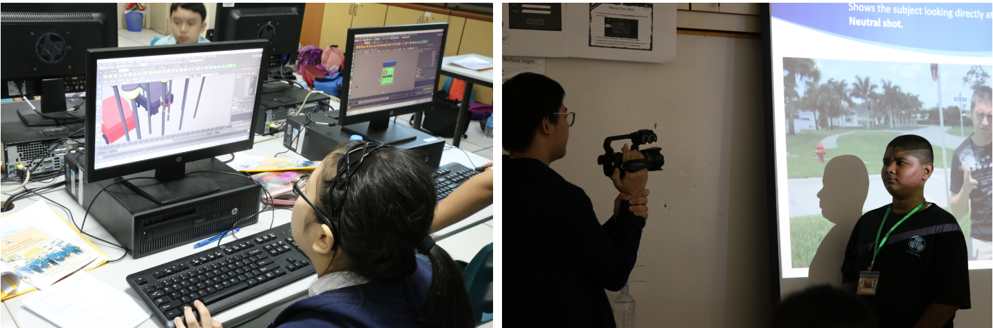 A two-panel photo showing hands-on workshop sessions: a student designing graphics using 3D modeling software on a desktop computer (left), and a student operating a video camera to film a classmate giving a presentation (right).