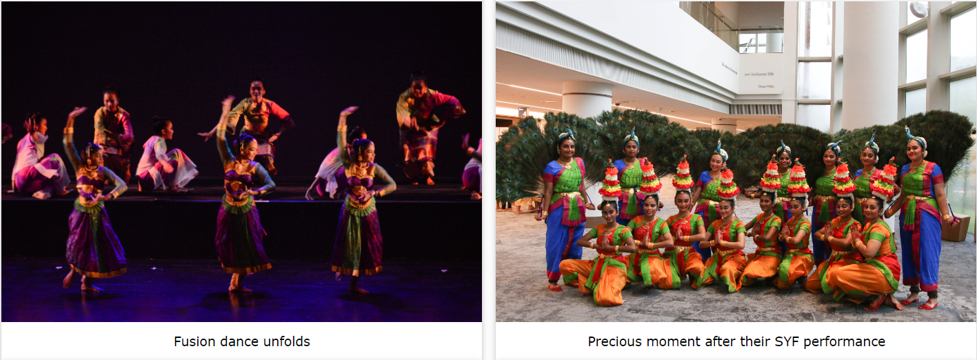 Dancers in colorful Indian costumes perform on stage left, and pose in a group indoors on the right.