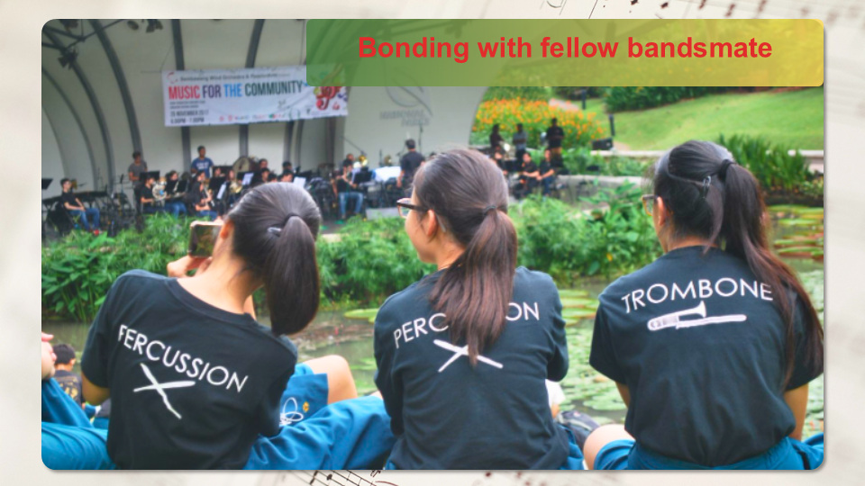 Rear view of three band members wearing section t-shirts sitting outdoors near a pond during an outdoor concert.