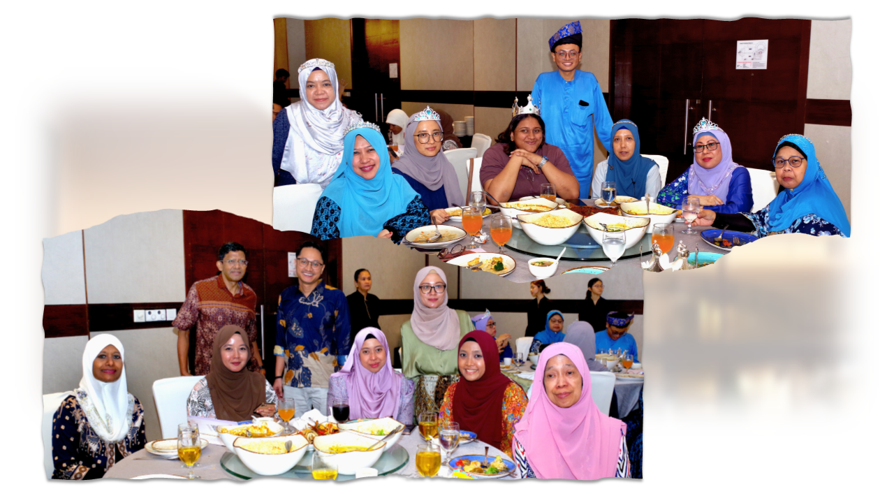 A group of people in colorful traditional attire dining together at round tables in a restaurant.