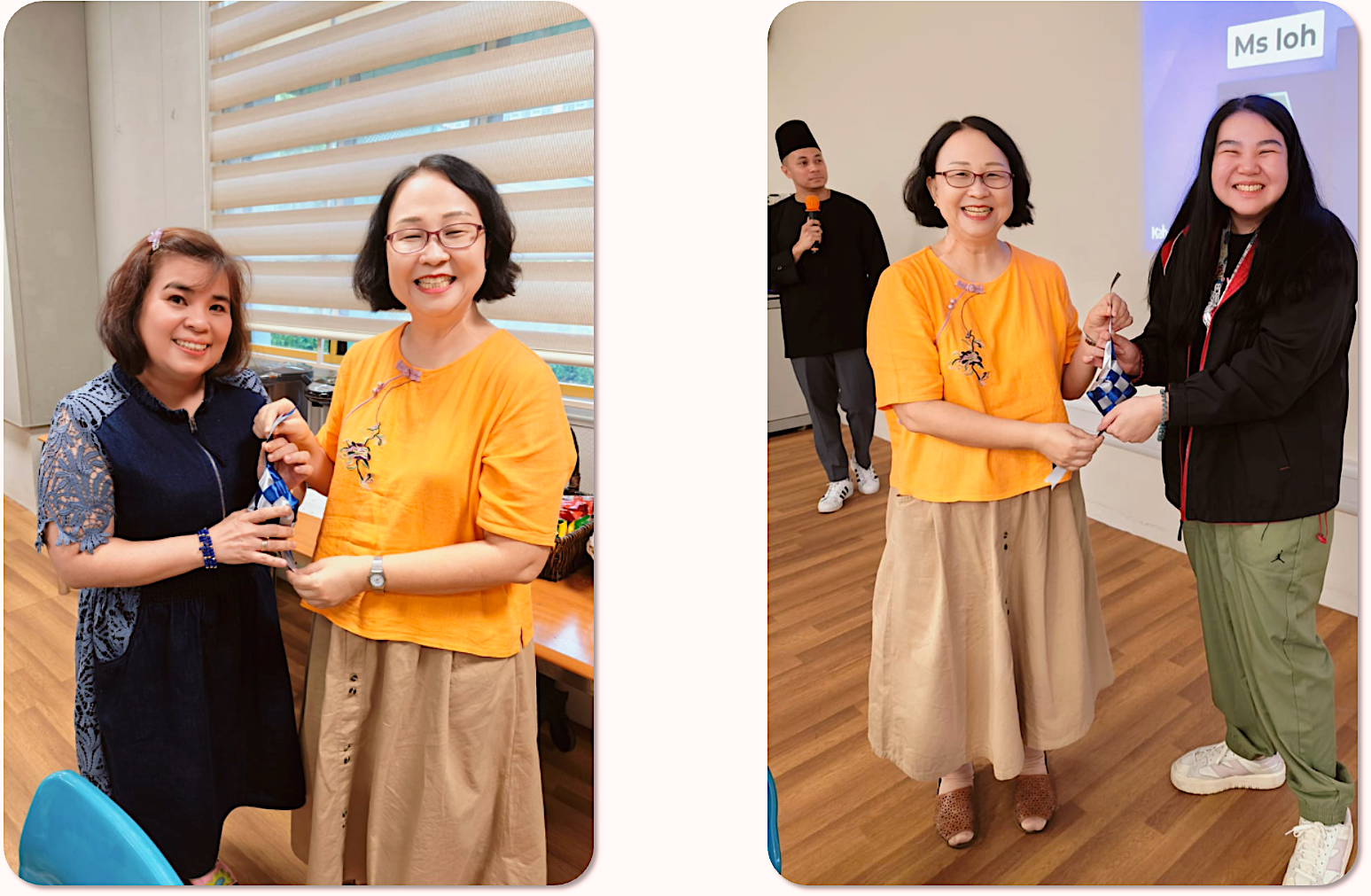 Photos of staff smiling while exchanging items.