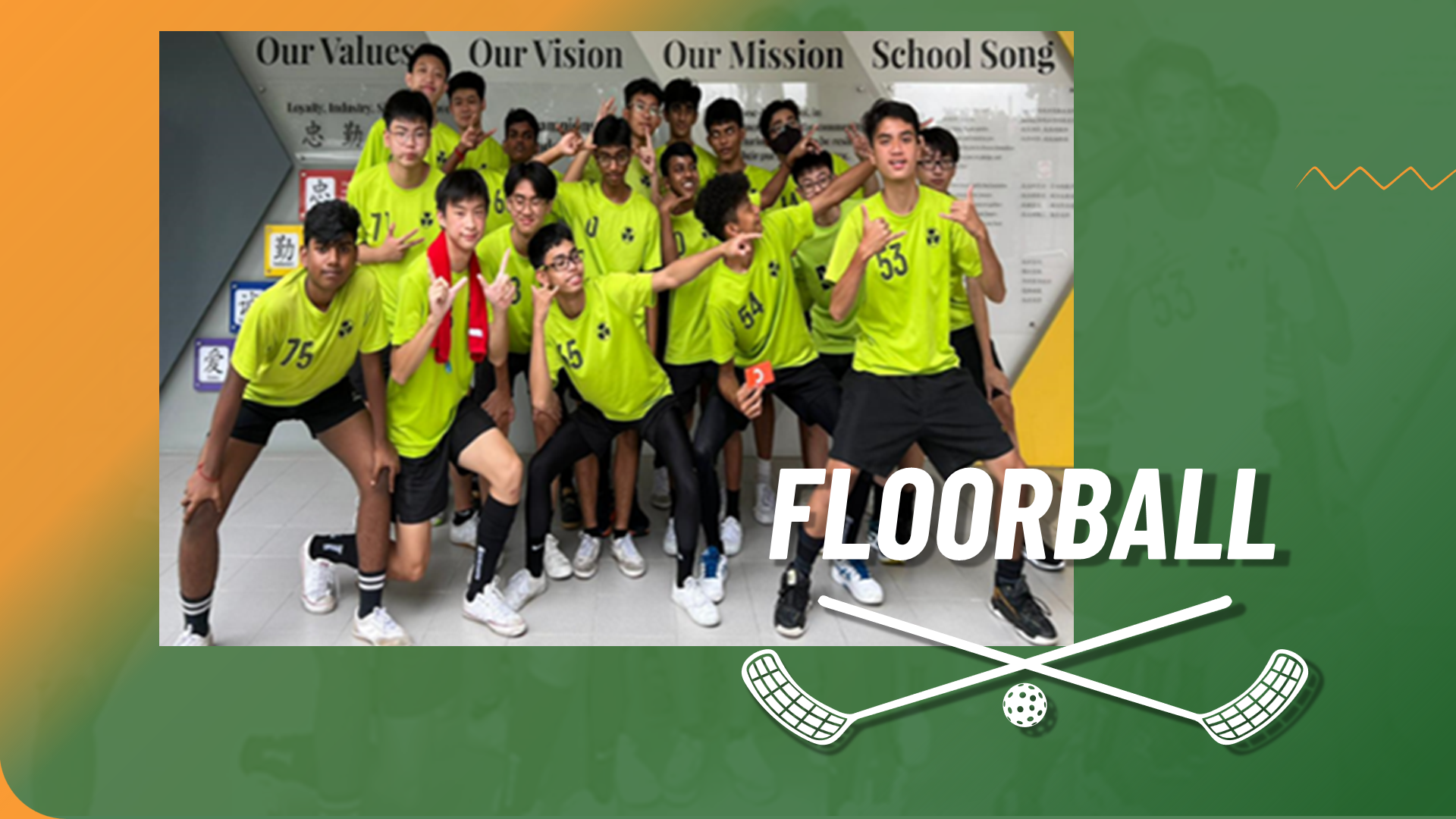 Energetic group photo of floorball players in lime green jerseys posing in front of a school values wall.