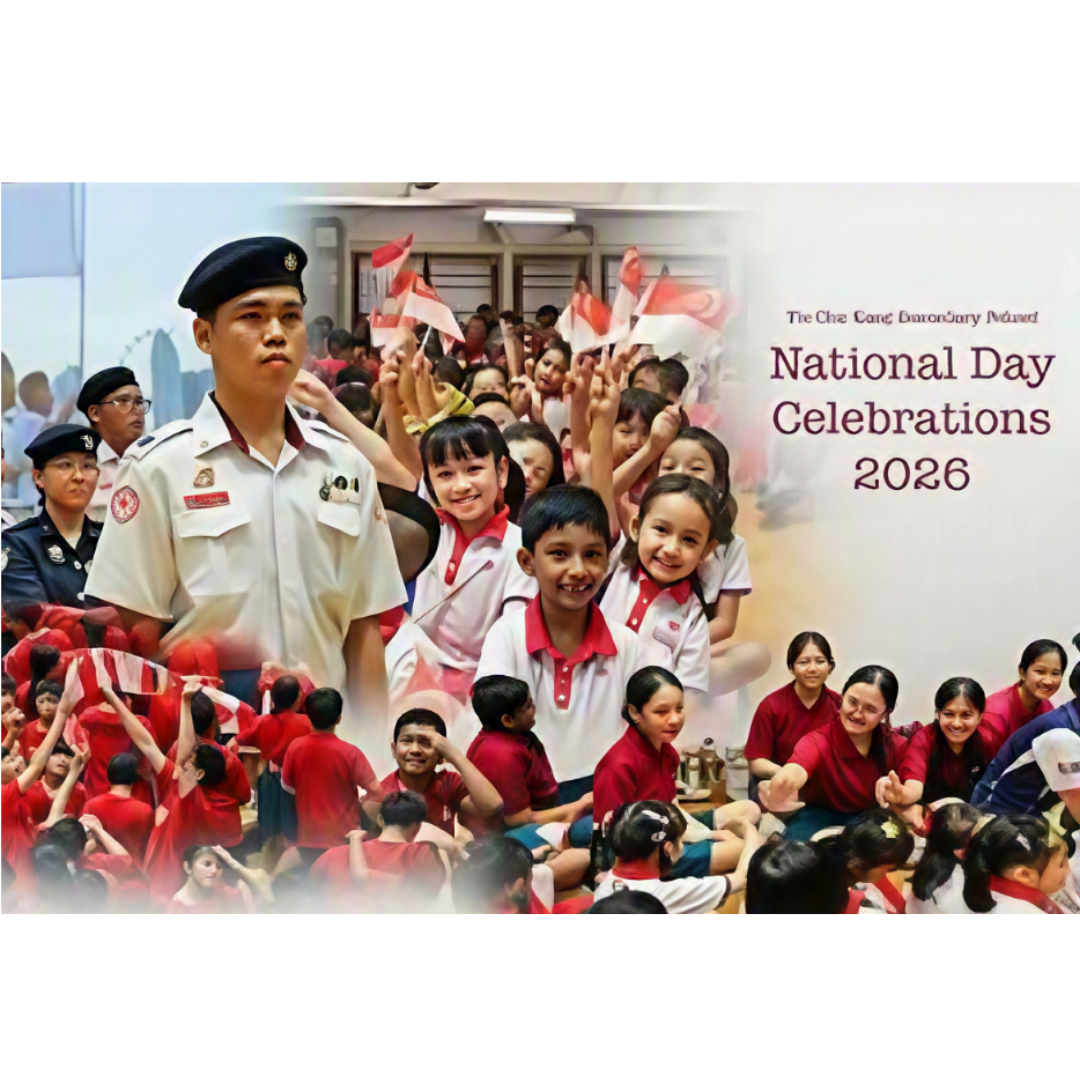 Photo collage poster for National Day Celebrations 2026 showing student cadets and cheering school children waving flags.