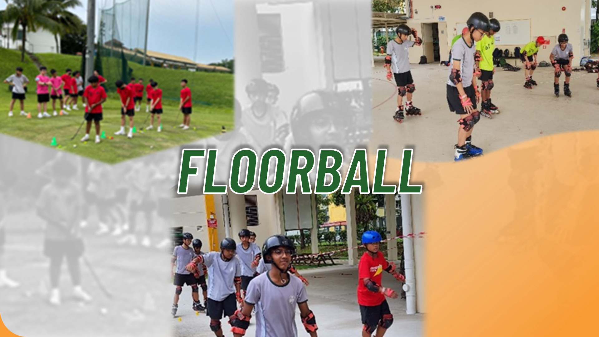 Montage of students participating in floorball field drills and inline skating balance training.