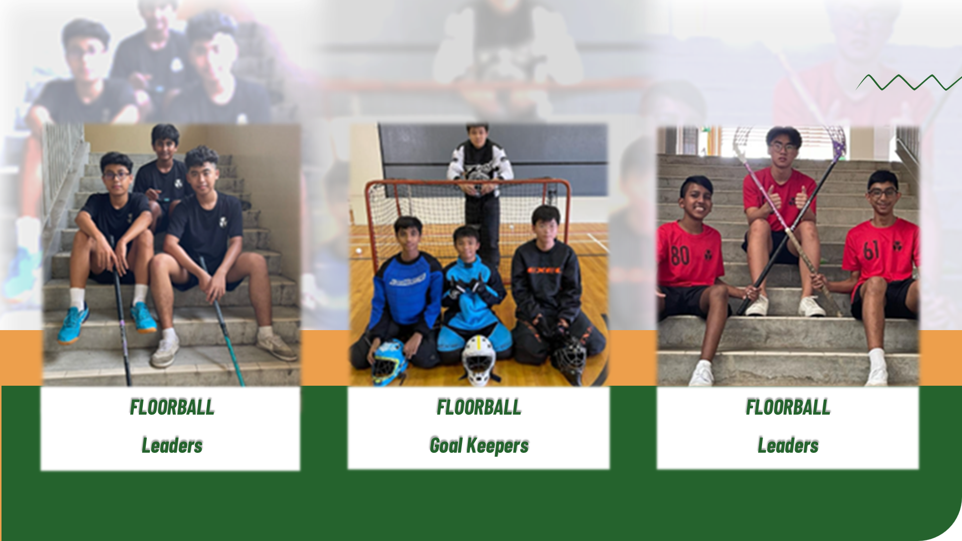 Three photos highlighting Floorball Leaders and Floorball Goal Keepers in their respective gear.