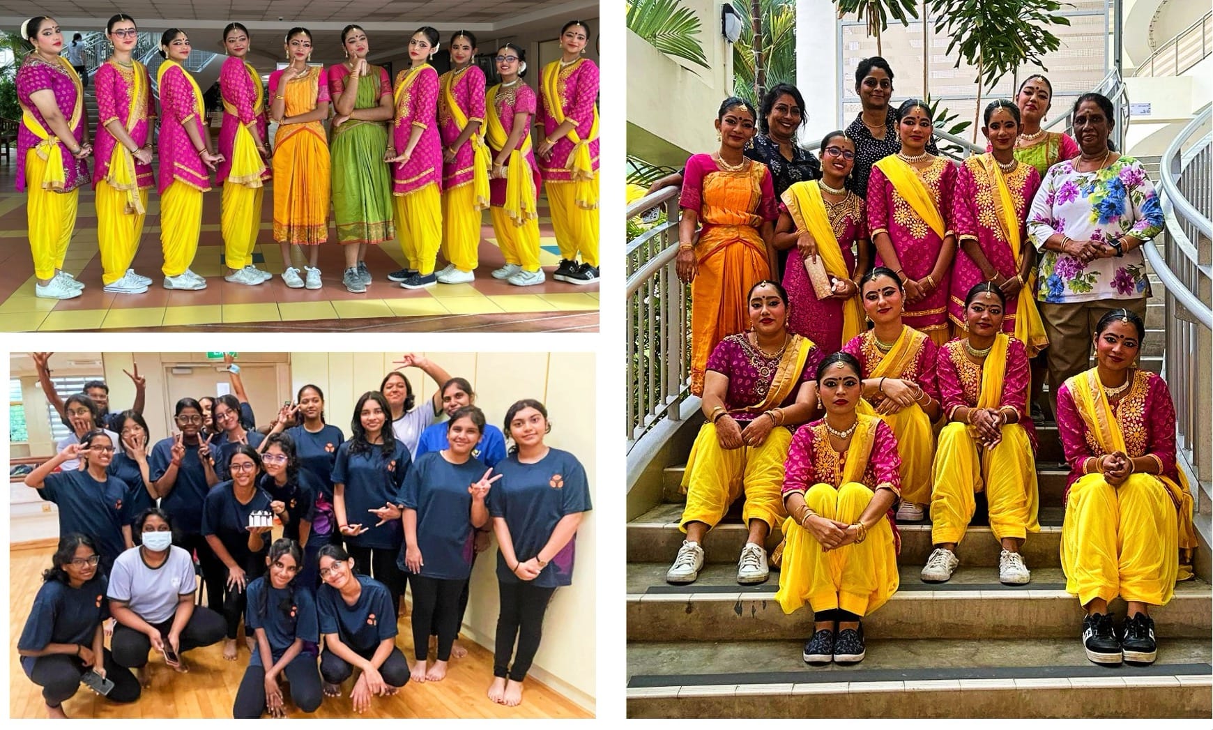 Three group photos of students in bright pink and yellow Indian dance costumes, and one casual group in dark clothing.