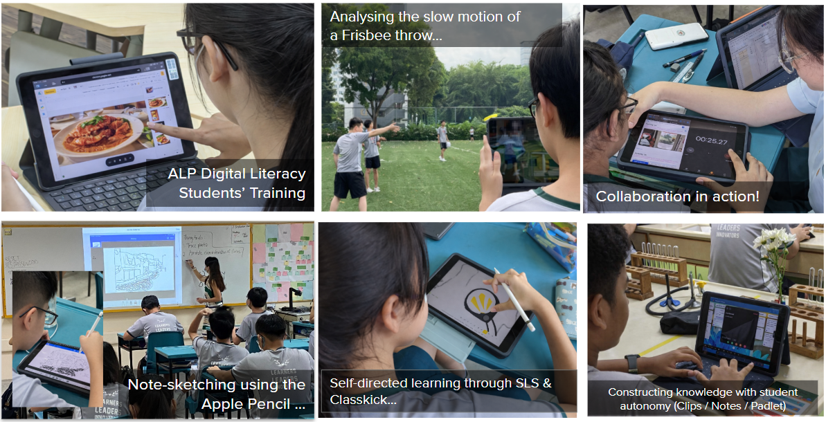 A series of photos showing some students using their PLDs for various activities