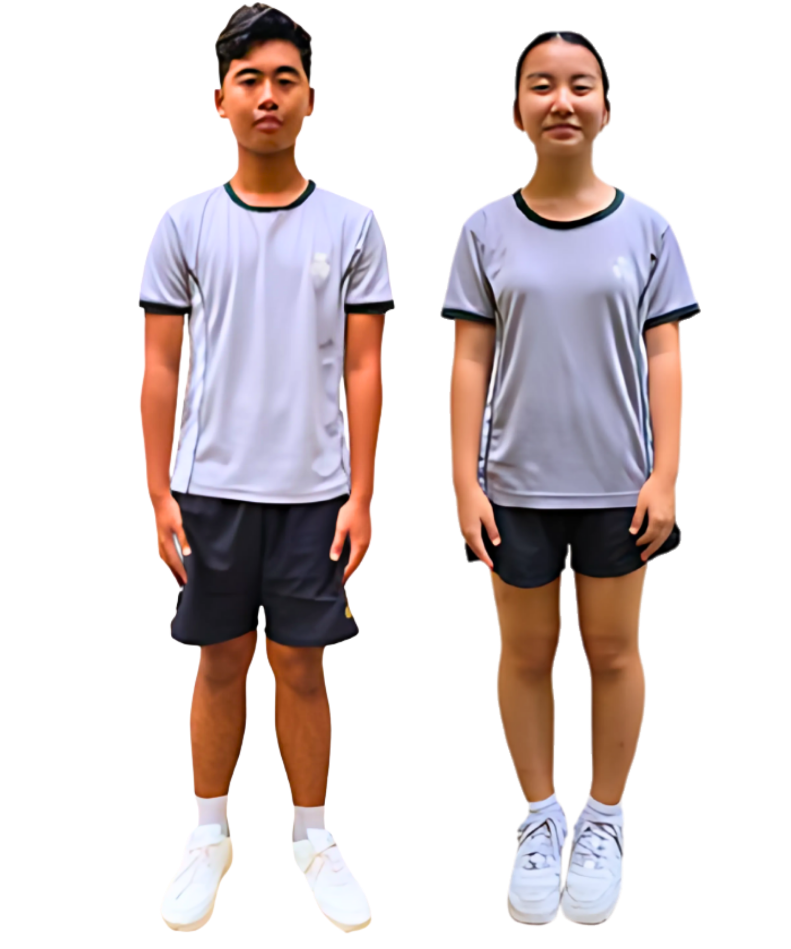 A male and female student standing side-by-side against a white background modeling the physical education uniform. Both wear light grey short-sleeved t-shirts featuring dark trim around the collar and sleeves, dark athletic shorts, white socks, and white sneakers.