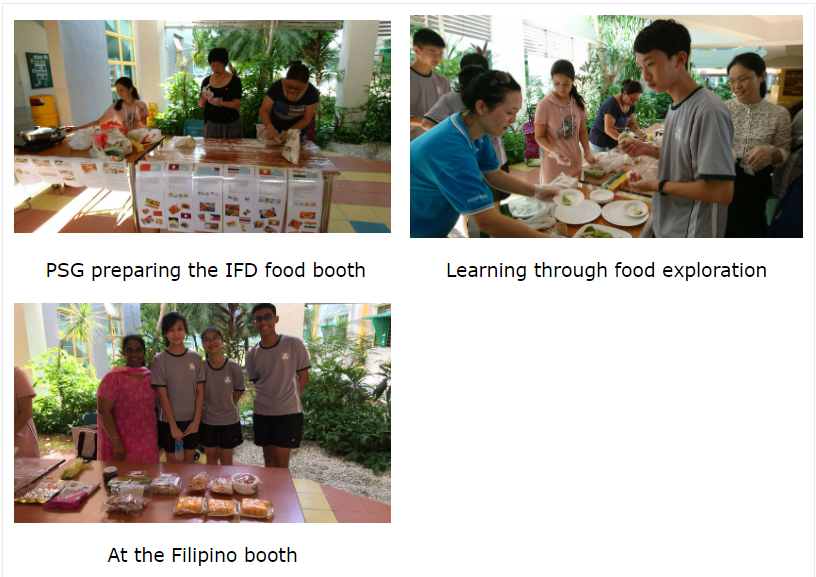 Three photos show people preparing and exploring food booths at an International Food Day event indoors.