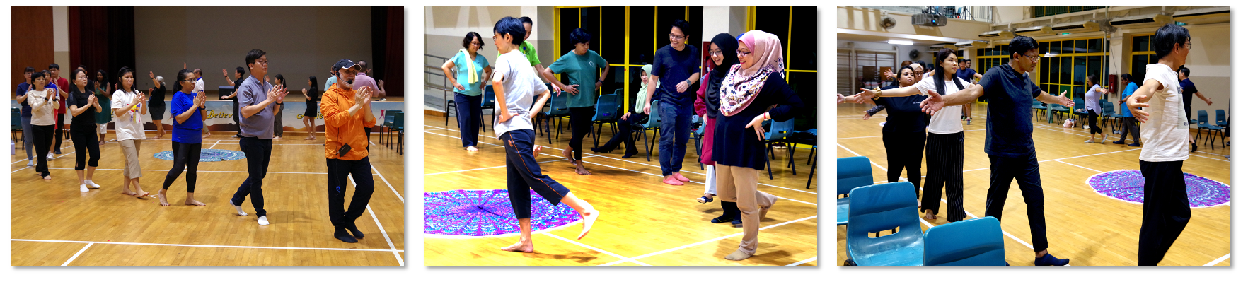 Three panels show groups of people participating in a movement or dance activity inside a gymnasium.