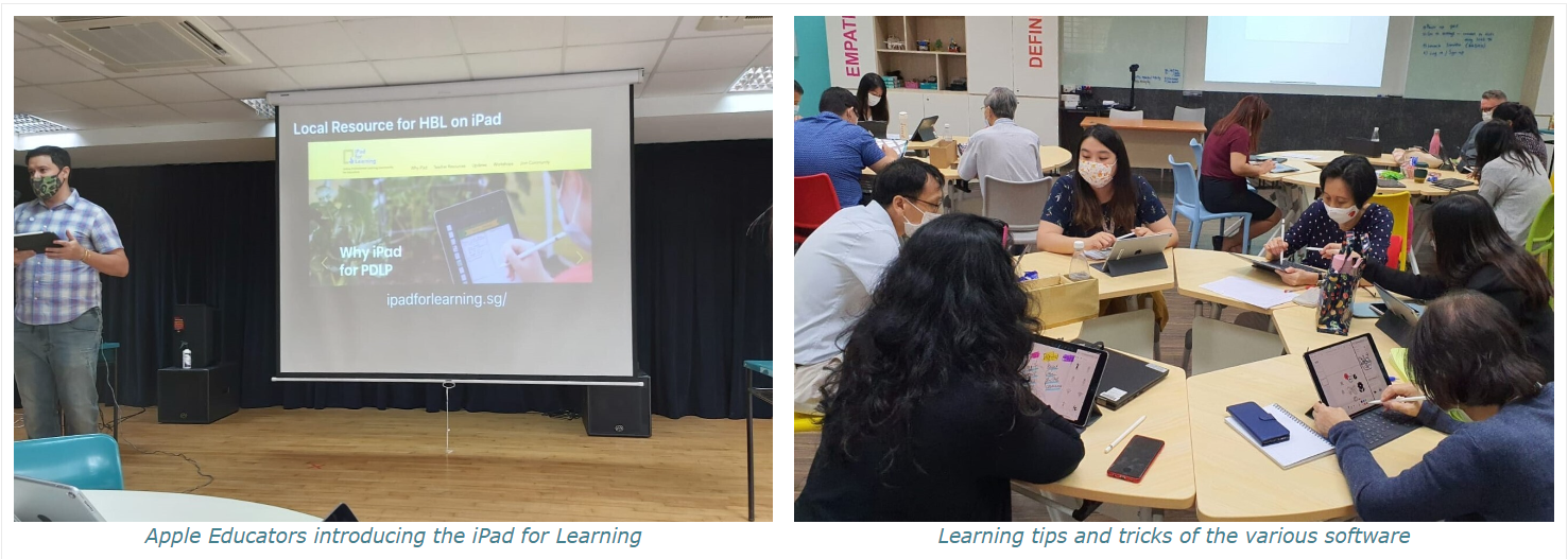 Two photos show a presenter with an iPad before a projected slide, and participants working on iPads at tables.