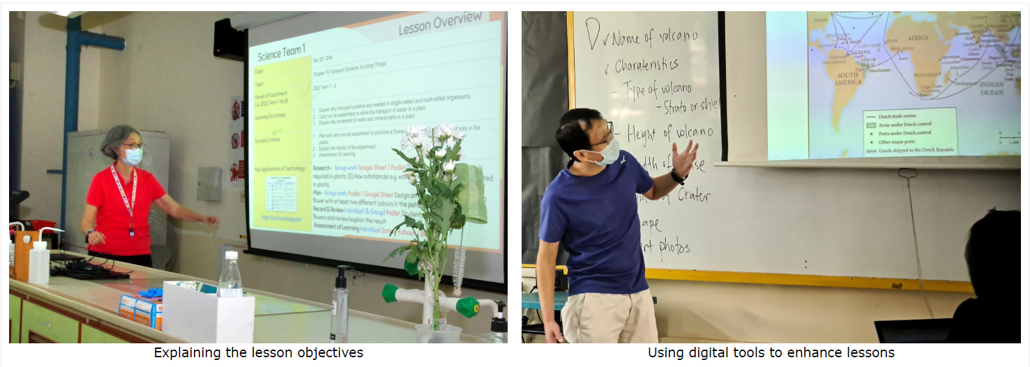 Two teachers present lessons, one at a projector screen and one at a whiteboard with volcano notes.
