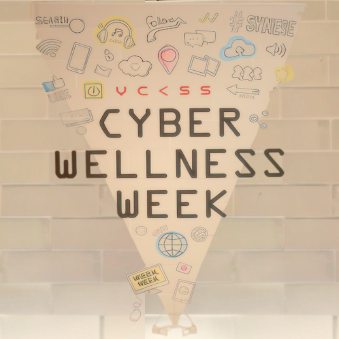 A graphic projected onto a brick wall displaying the text "CYBER WELLNESS WEEK" beneath the "YCKSS" acronym, surrounded by hand-drawn digital technology icons including smartphones, headphones, Wi-Fi symbols, speech bubbles, and a globe.