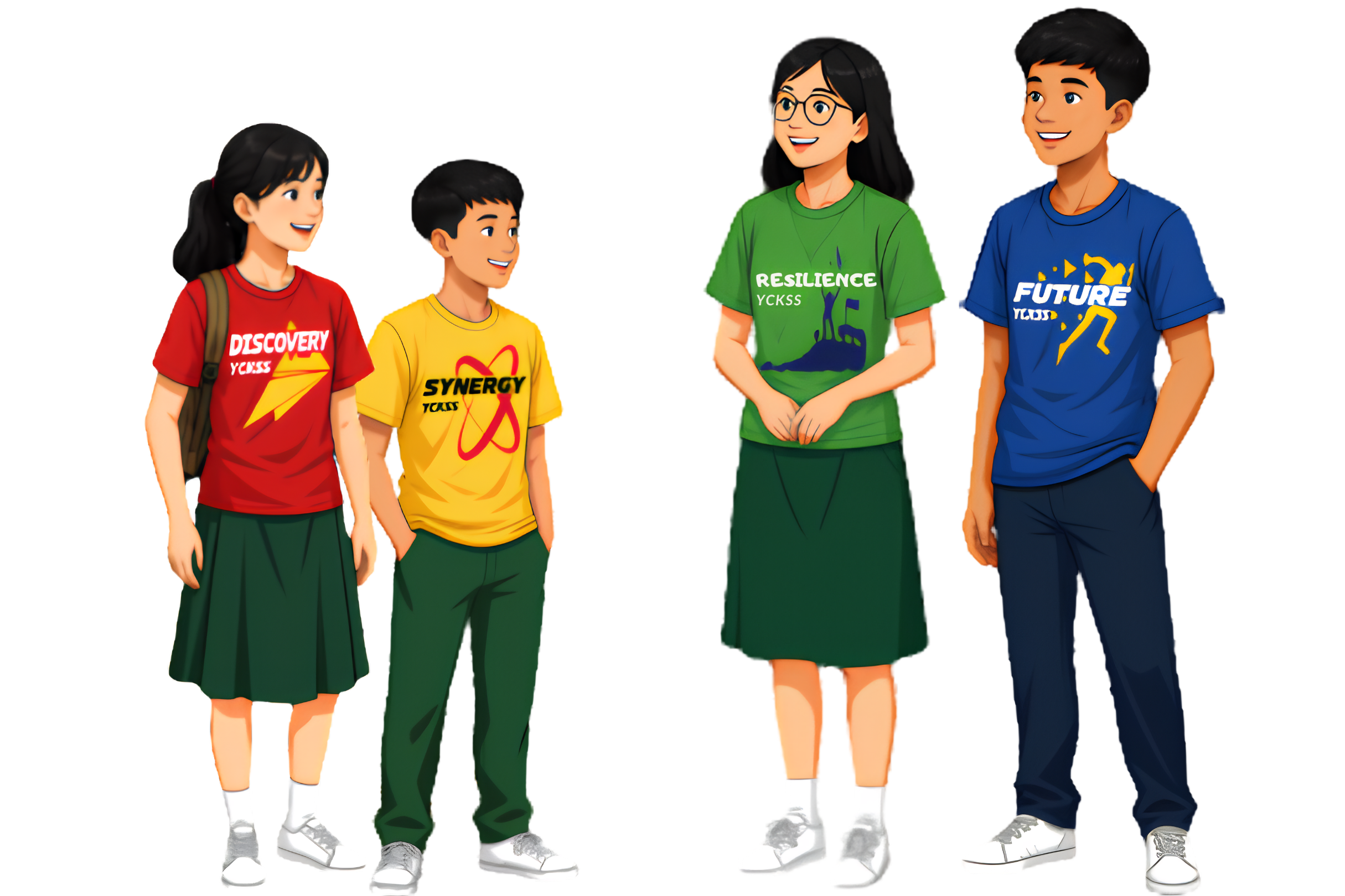 Enter a descriptive alt text.A digital illustration showing four secondary school students standing together in different level T-shirts paired with school bottoms. From left to right: a girl wearing a red shirt printed with "DISCOVERY YCKSS" and a yellow paper airplane graphic; a boy wearing a yellow shirt printed with "SYNERGY YCKSS"; a girl with glasses wearing a green shirt printed with "RESILIENCE YCKSS"; and a boy wearing a blue shirt printed with "FUTURE YCKSS".