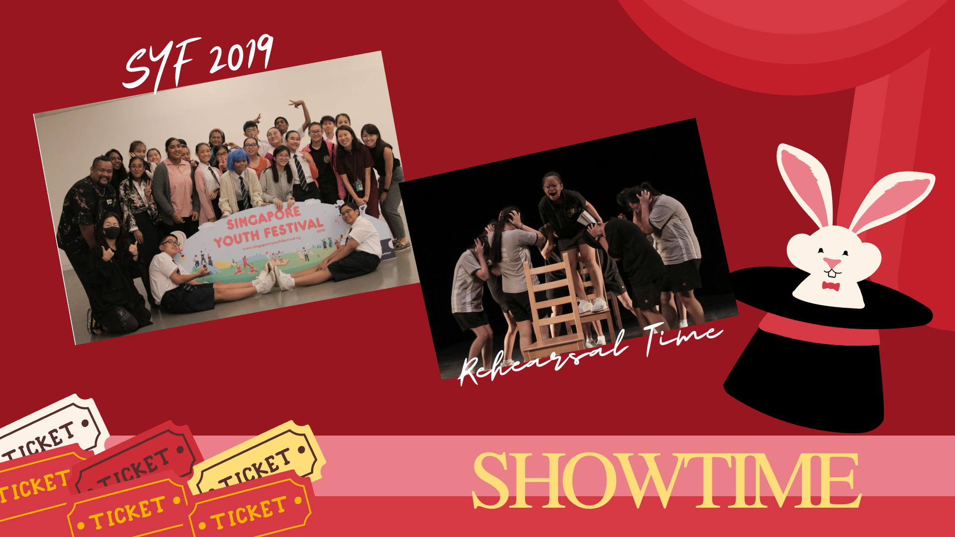 "SHOWTIME" slide featuring photos from SYF 2019 and rehearsal sessions alongside theater graphics.
