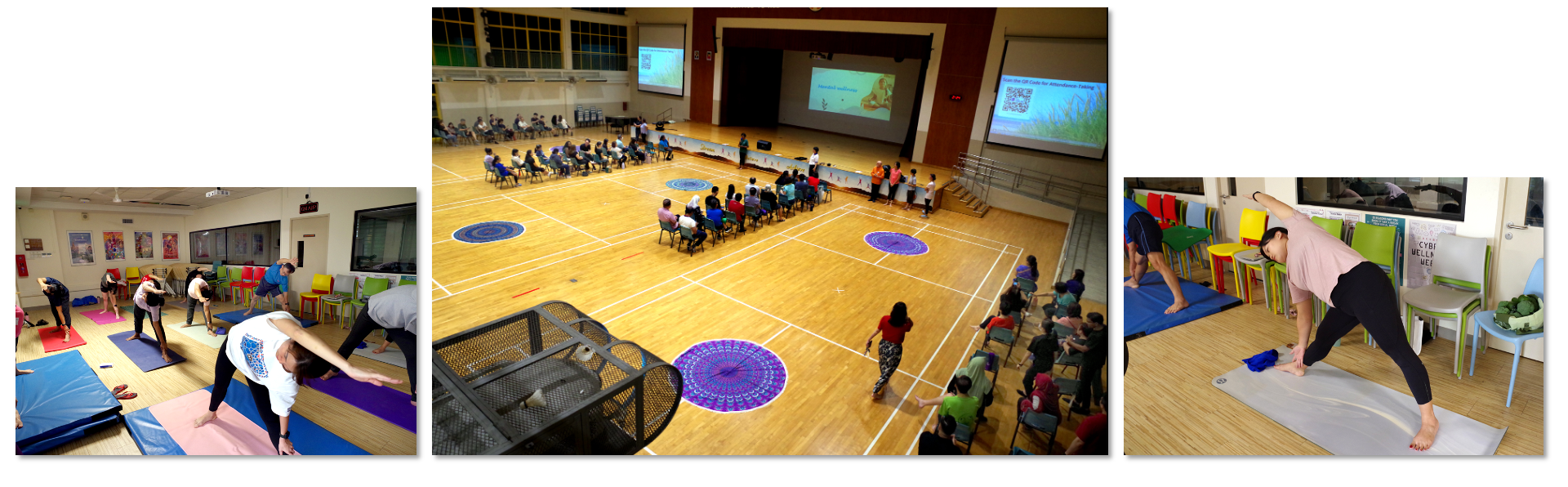 Three photos showing people doing yoga stretches on mats indoors and a large hall gathering with projection screens.