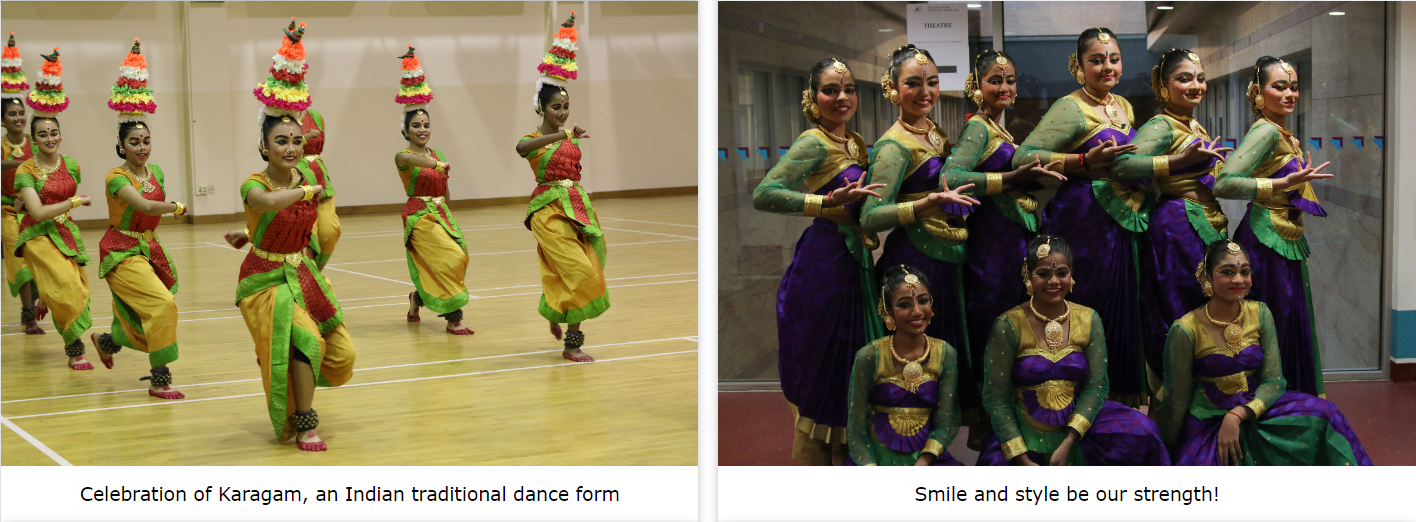 Women in colorful Indian traditional costumes perform Karagam dance with flower pots on heads, and pose in purple-green attire.