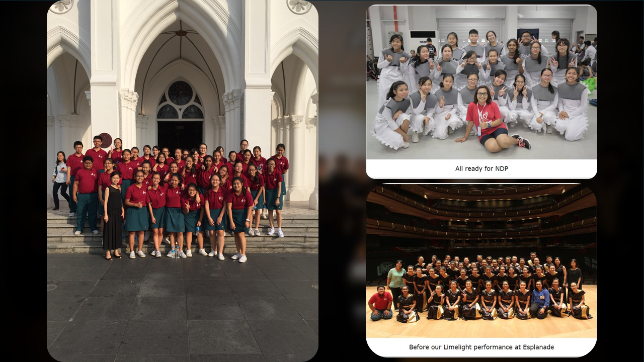 A collage of three photos featuring choir members outside a white cathedral, backstage in National Day Parade costumes, and on stage at the Esplanade Concert Hall.