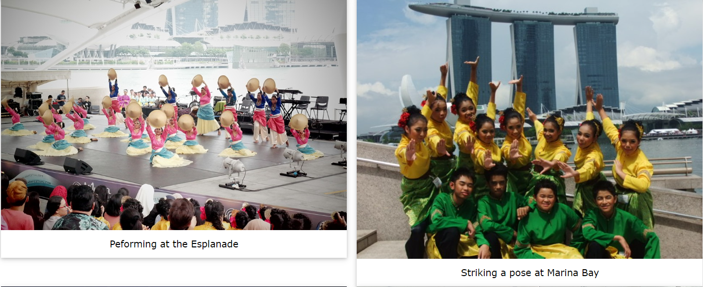 Dancers in colorful costumes perform at the Esplanade and pose at Marina Bay Sands in Singapore.