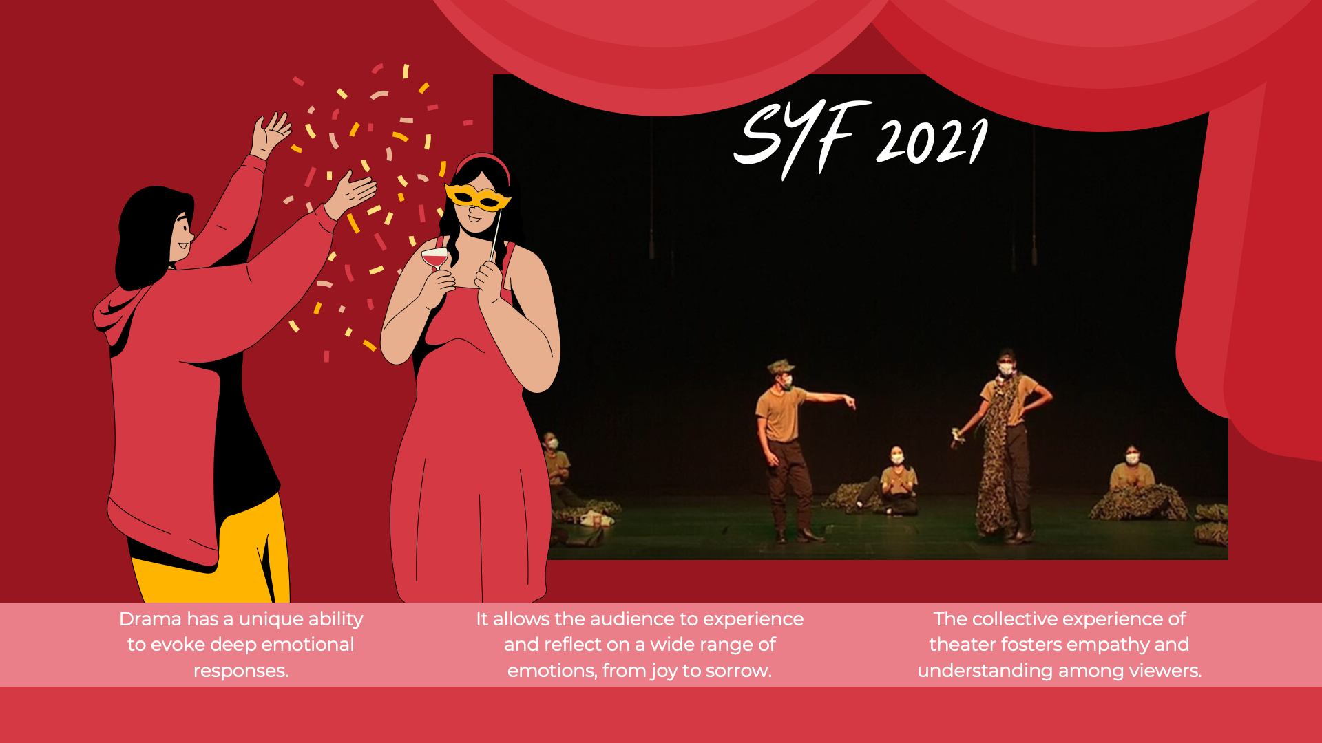 Slide highlighting emotional resonance and audience connection in drama, featuring a photo from SYF 2021.