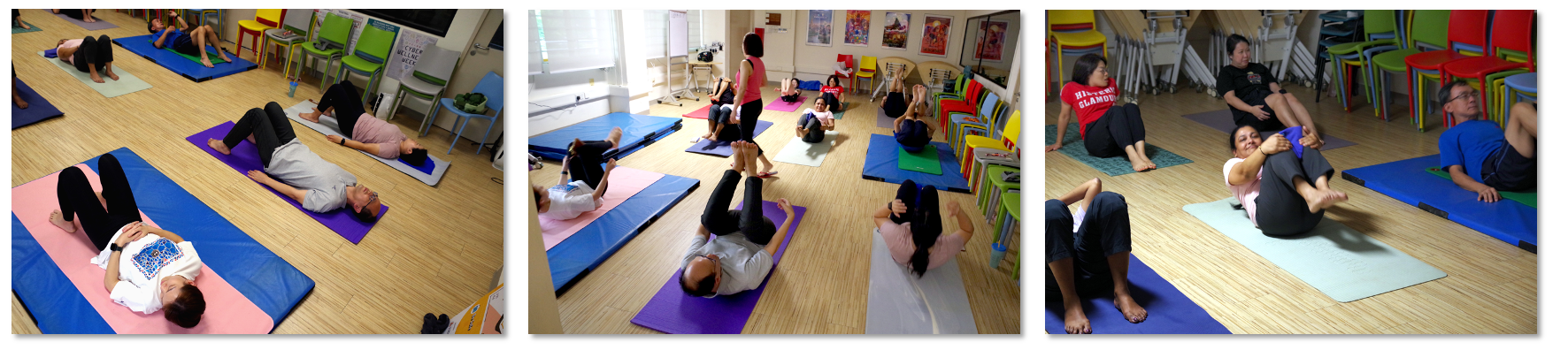 Three photos of adults doing floor exercises on colorful mats in a room with stacked chairs nearby.