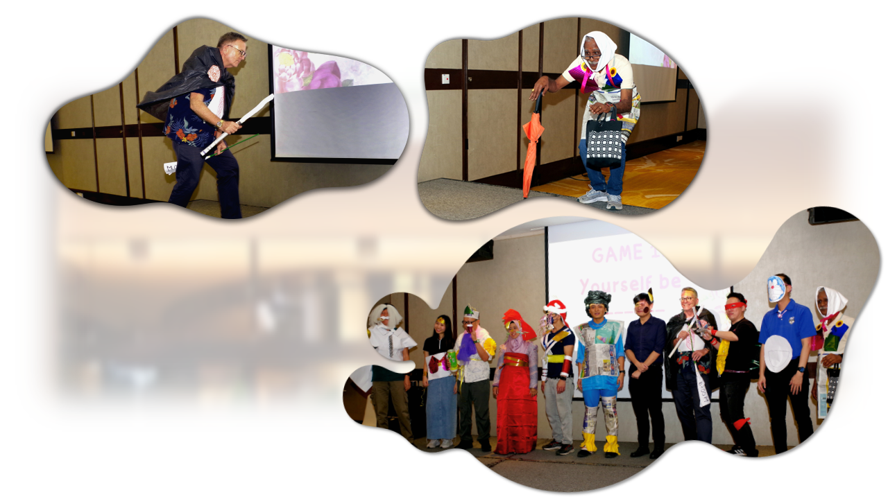 Three event photos showing costumed participants posing and performing in a conference room with a projection screen.