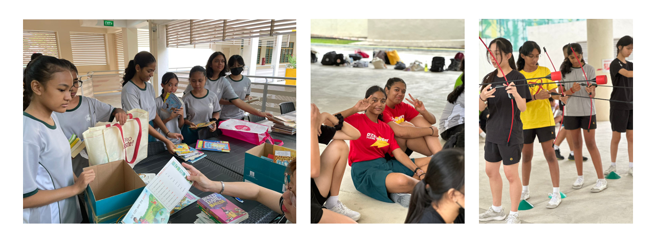 Three scenes of school girls sorting books, posing while seated outdoors, and handling a bow and arrow activity.