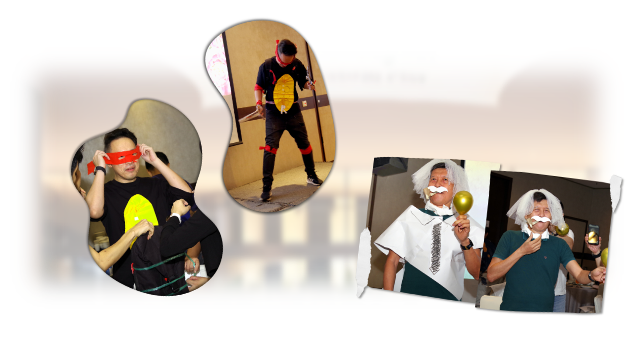 People in costumes with paper masks, fake mustaches, and props at a fun group event.