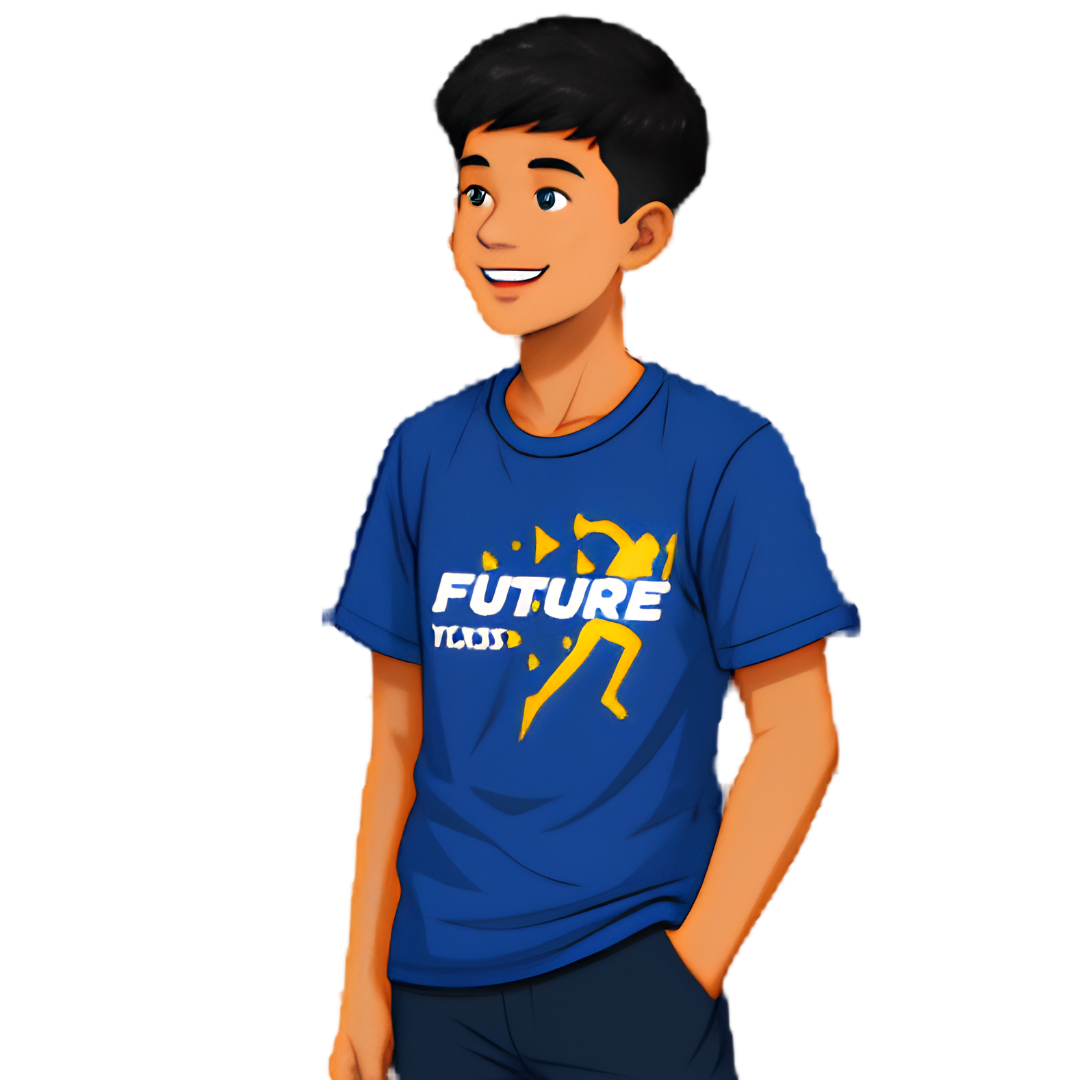 Digital illustration of a male student smiling and looking upward, wearing a blue t-shirt with the text "FUTURE" and a yellow running graphic against a plain white background.