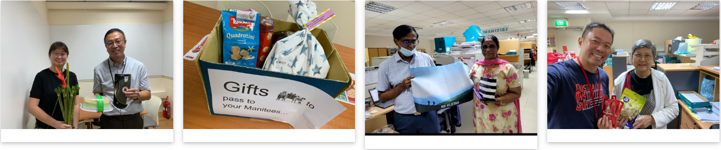 Four photos show people smiling with gifts, a gift box labeled pass to your Manitees, and two holding a landscape print.
