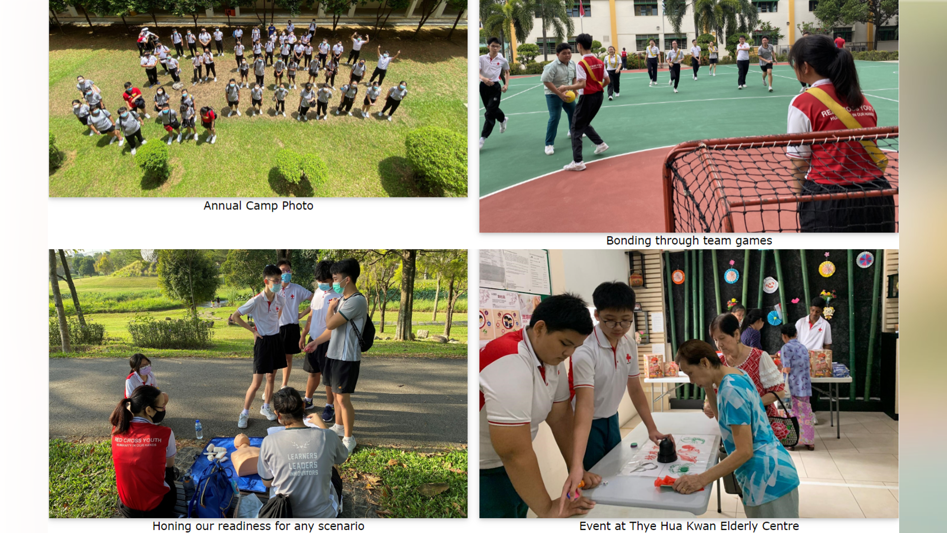 Four-panel photo collage featuring annual camp, team bonding games, outdoor first aid scenario training, and community service at an elderly centre.