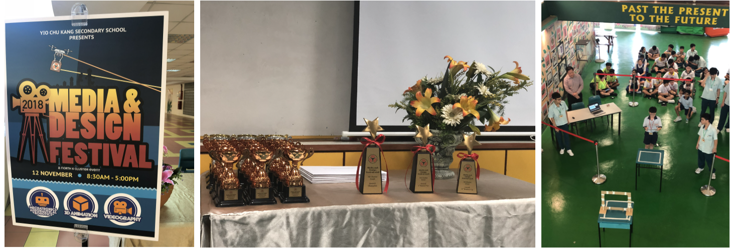 A three-panel collage showcasing the 2018 Media & Design Festival at Yio Chu Kang Secondary School: the left panel displays the official event poster, the center panel features trophies and certificates arranged on a table, and the right panel shows an overhead view of students in a hall watching a drone navigation demonstration.