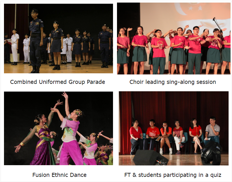 Four school event photos: uniformed parade, choir sing-along, ethnic fusion dance, and a quiz with students and teachers.