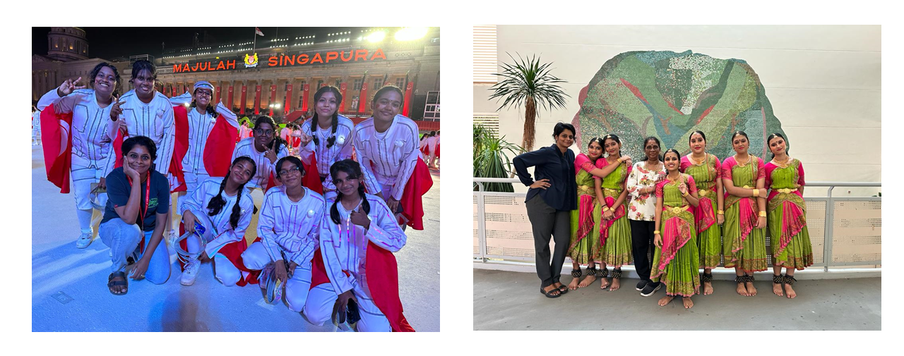 Two group photos: one near a Majulah Singapura sign at night, another of women in green and pink traditional attire.