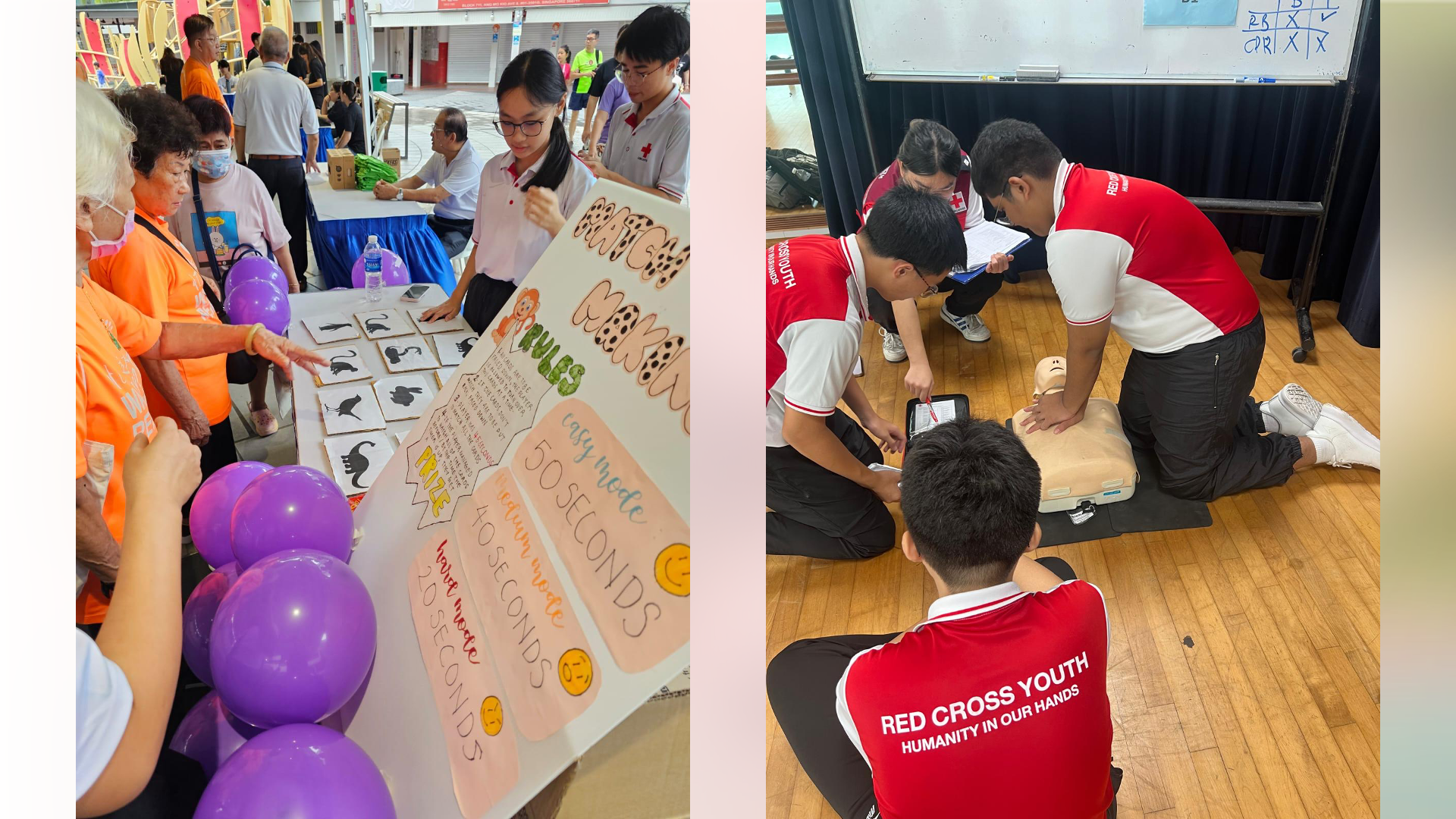 Split image showing Red Cross Youth cadets running a game booth for senior citizens (left) and practicing CPR on a training dummy (right).