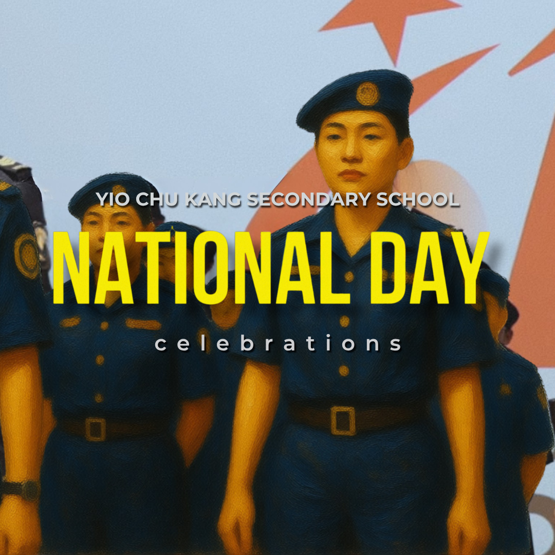 A square graphic rendered with a textured oil-painted effect, depicting students standing in parade formation facing forward. The students are wearing dark blue short-sleeved uniforms with belts and matching berets featuring gold badges. Red star graphics are visible on a light background behind them. Overlaying the center, text is arranged across three lines: "YIO CHU KANG SECONDARY SCHOOL" in white, "NATIONAL DAY" in large bold yellow capital letters, and "c e l e b r a t i o n s" in widely spaced white lowercase letters below.