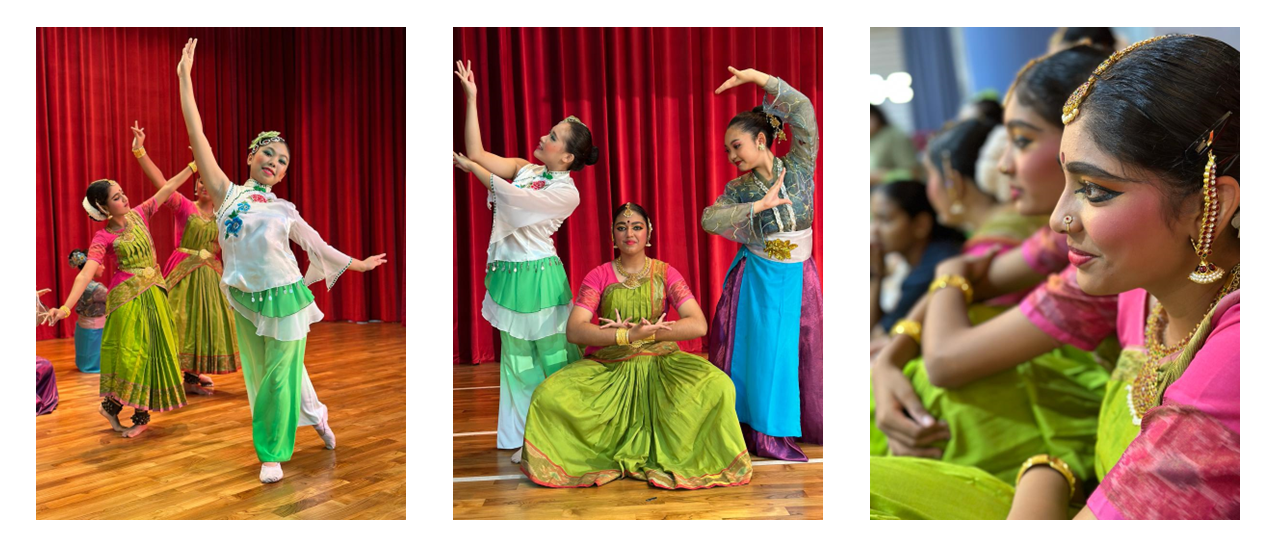 Three panels showing women in colorful traditional costumes performing Indian classical dance on a wooden stage.