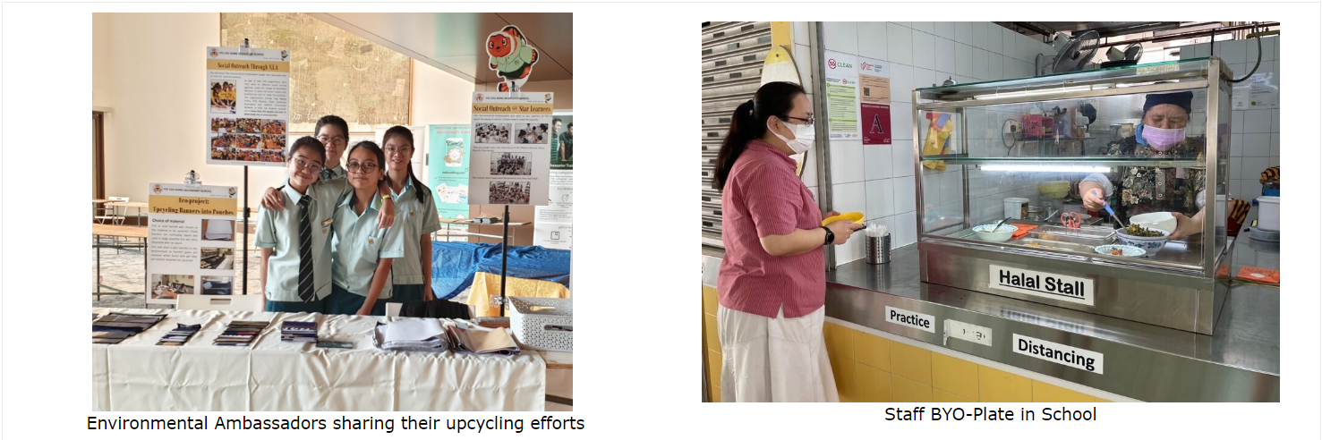 Students at an upcycling display booth, and a masked woman ordering at a school halal food stall with distancing signs.