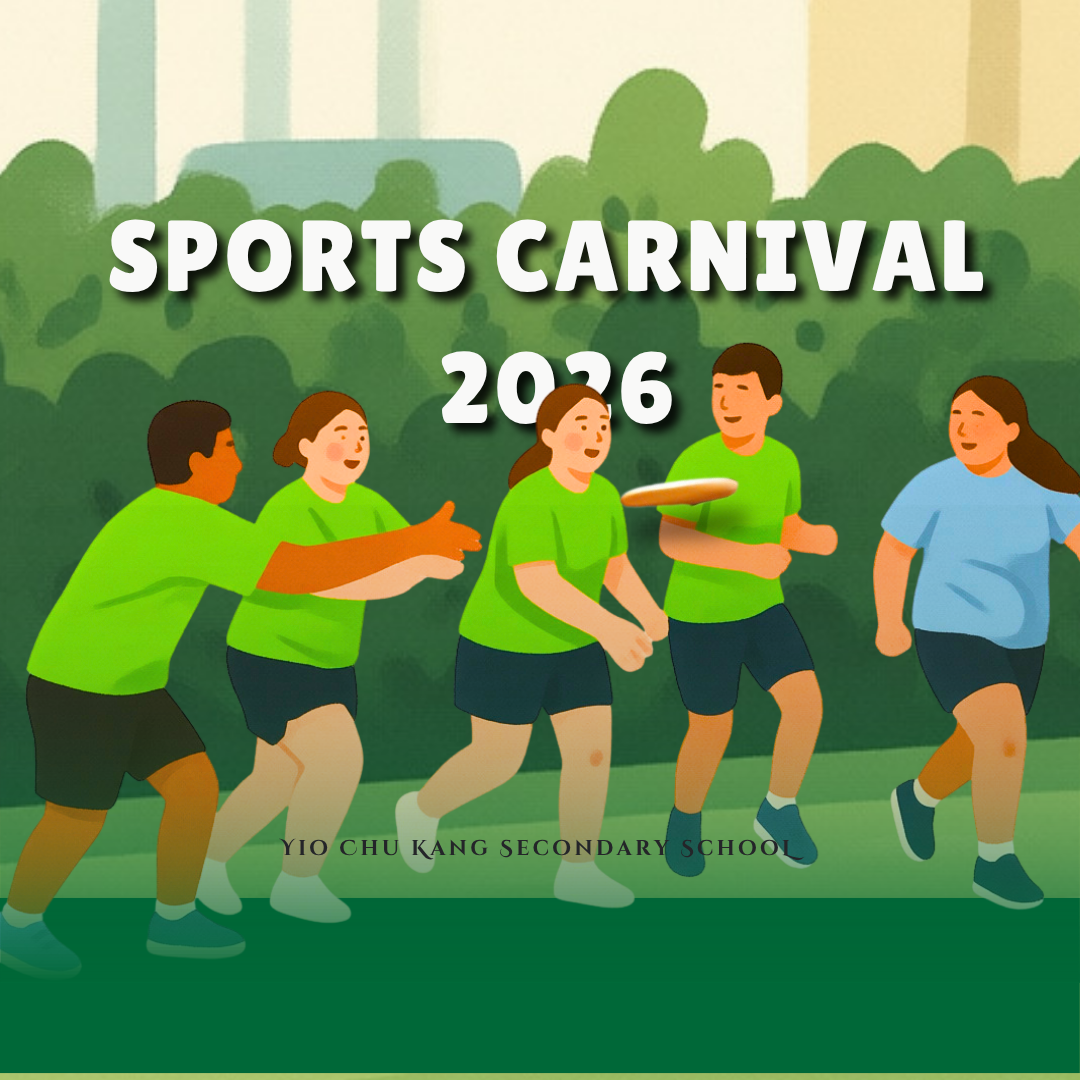 Event banner for Yio Chu Kang Secondary School Sports Carnival 2026 featuring students playing Ultimate Frisbee on an outdoor field.