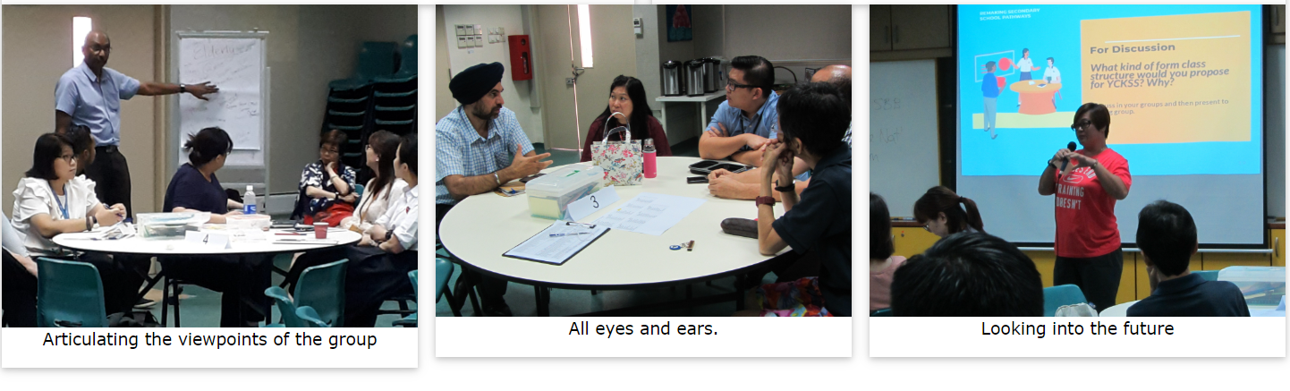 Three workshop scenes: a presenter at a whiteboard, people discussing at a round table, and a speaker with a microphone at a projector screen.