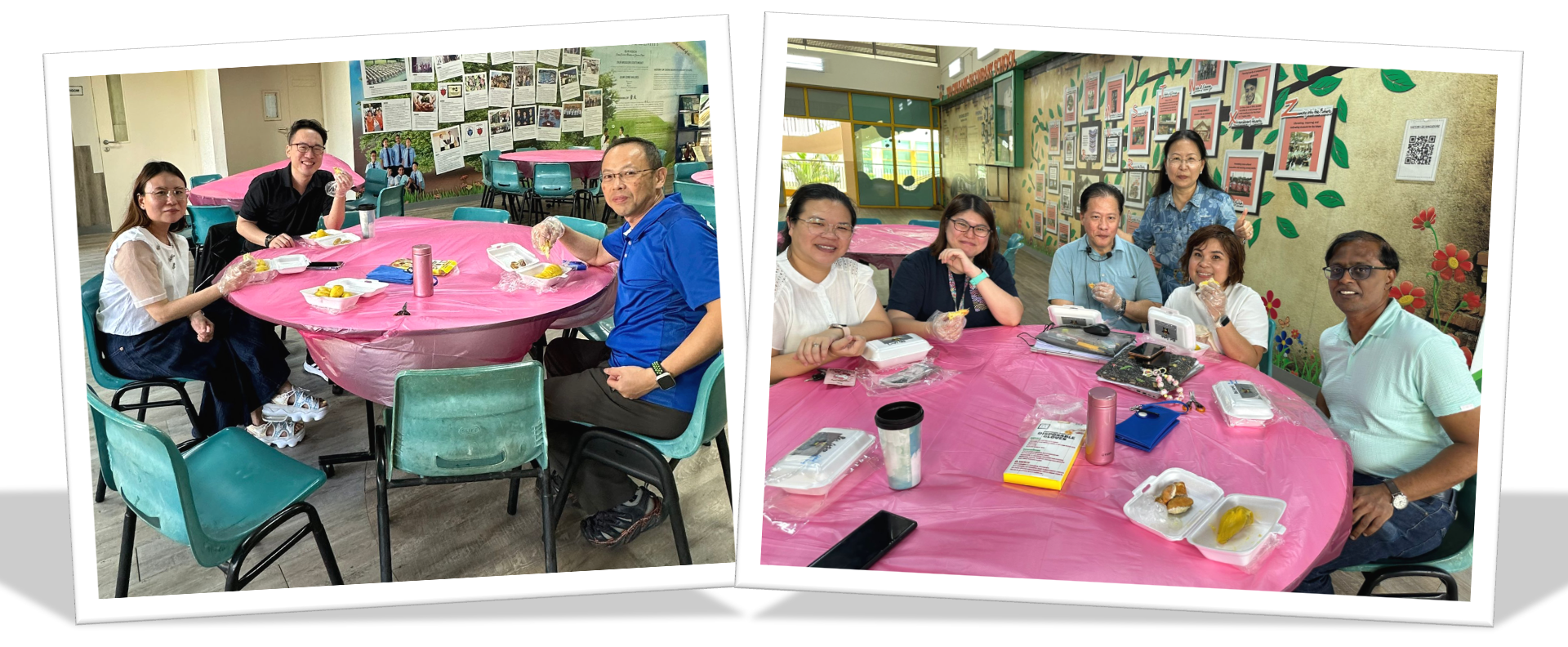Two photos of groups of adults sitting at pink-covered round tables with food, smiling at the camera indoors.